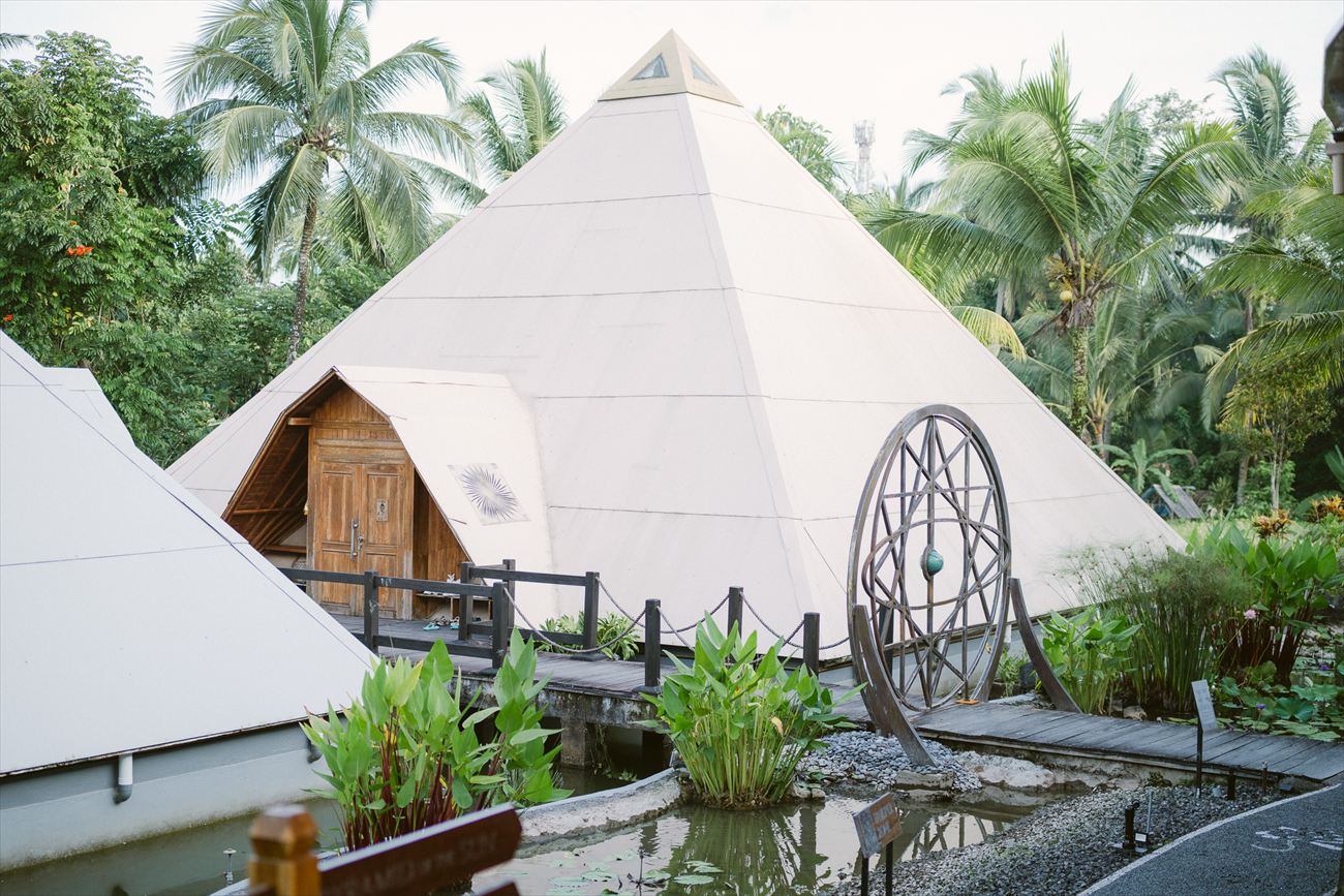 A white dome pavilion beside water and young rice