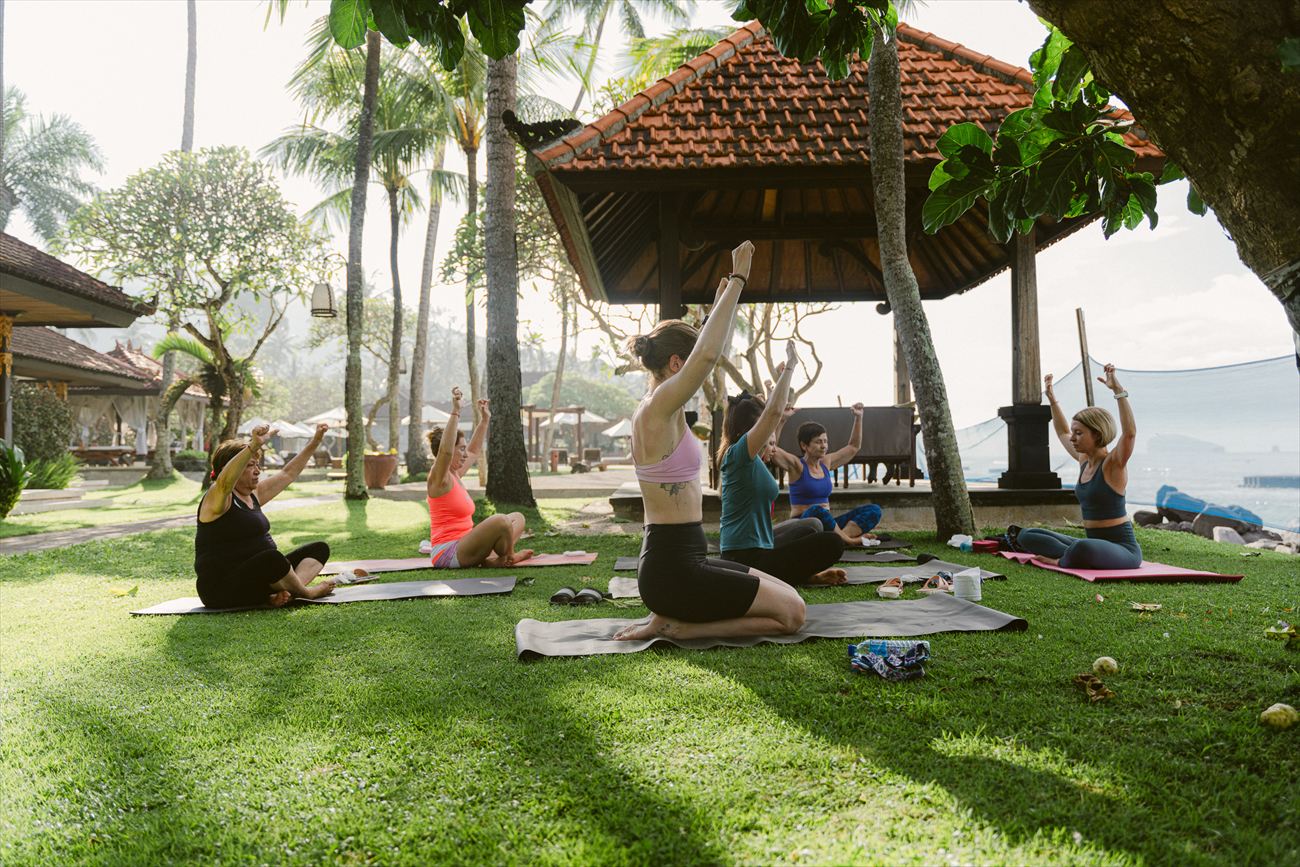 Practice under an open pavilion on the grass