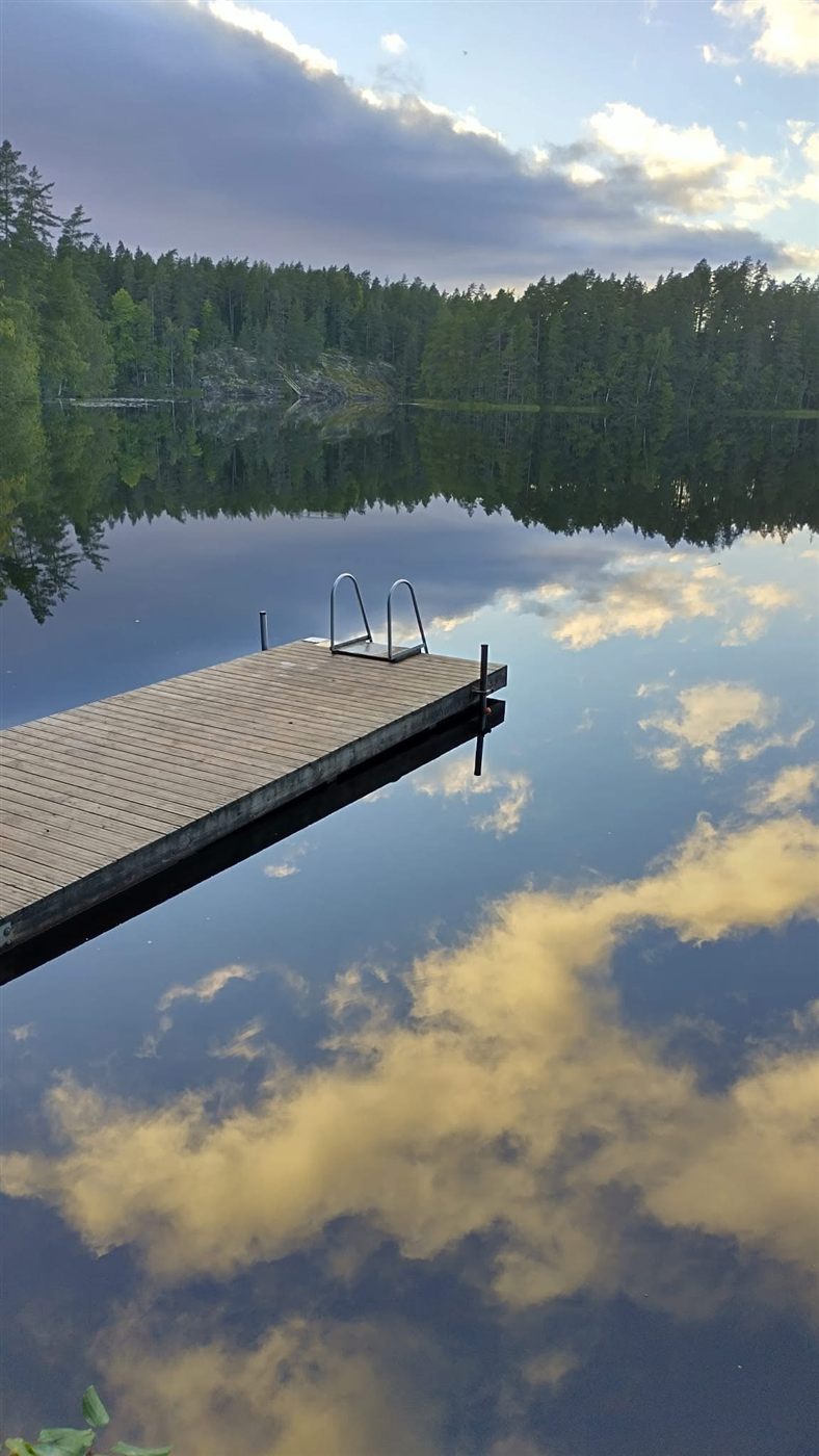 A wooden jetty reaching into a still forest lake, clouds mirrored in the water