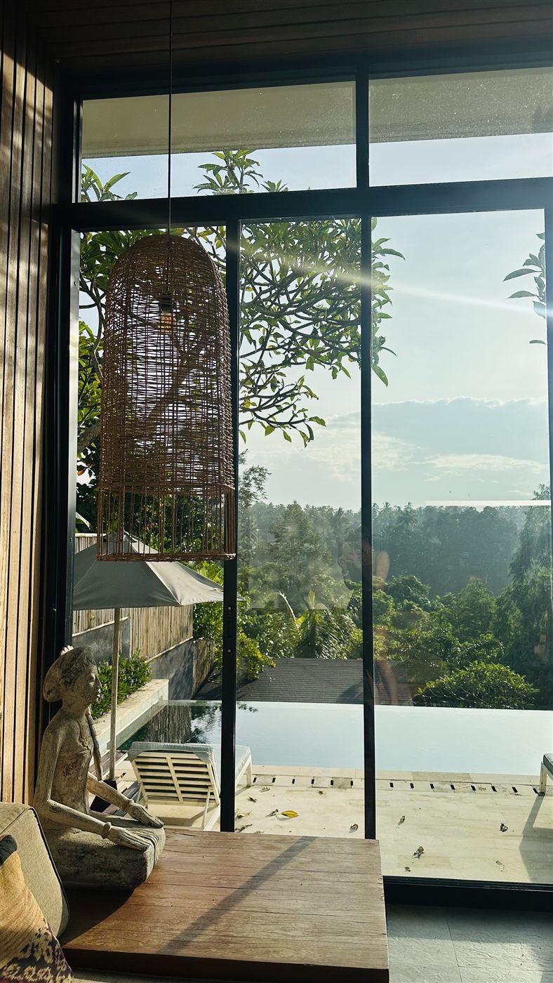 A villa interior looking out through a full-height window over a wooded valley