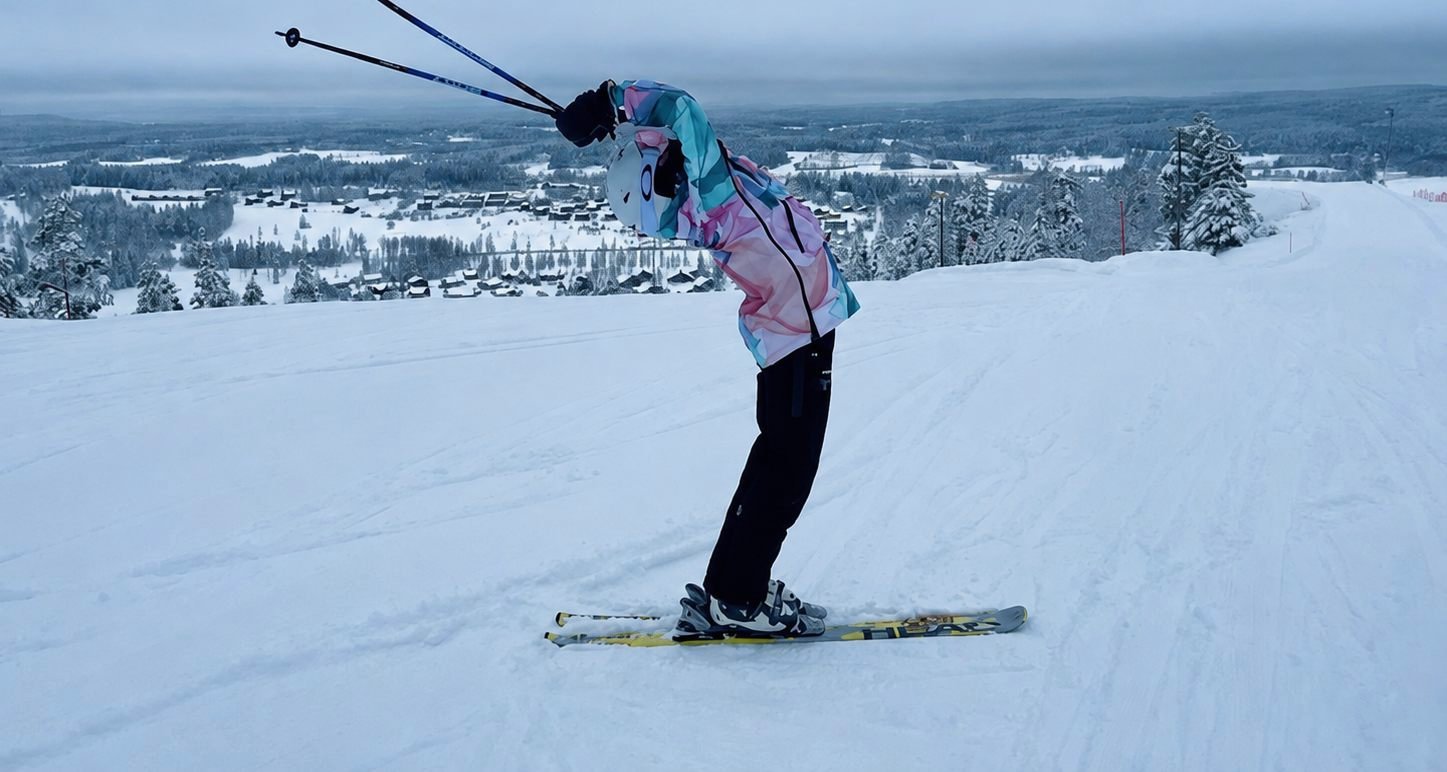 A skier folding forward into a yoga pose on a piste above a snow-covered Finnish village