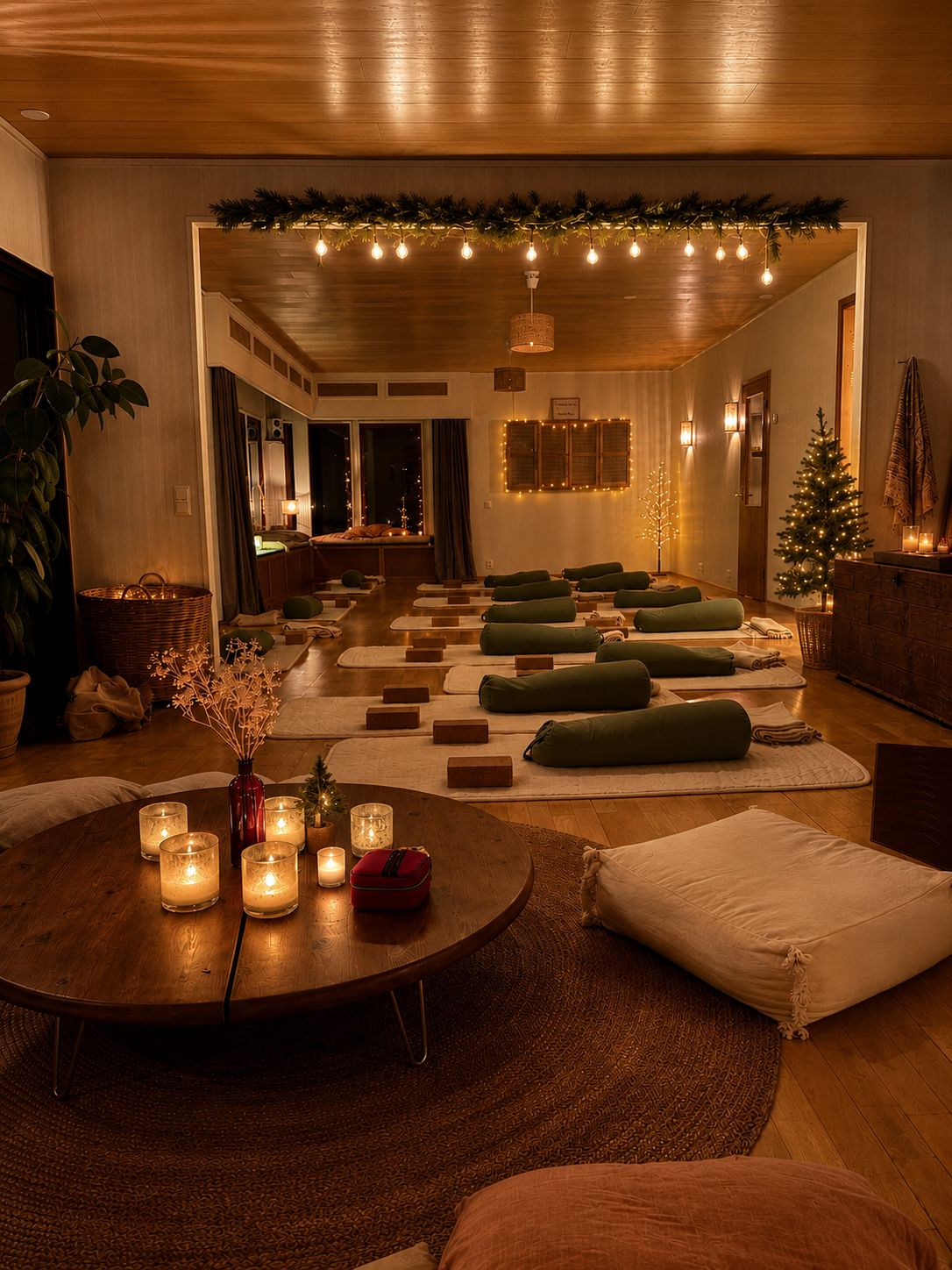The hall laid out for practice with bolsters, candles and a garland of lights