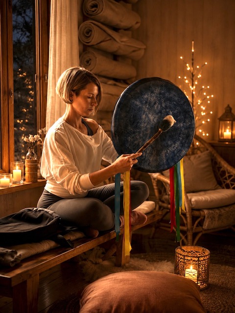 A frame drum played by candlelight beside the window