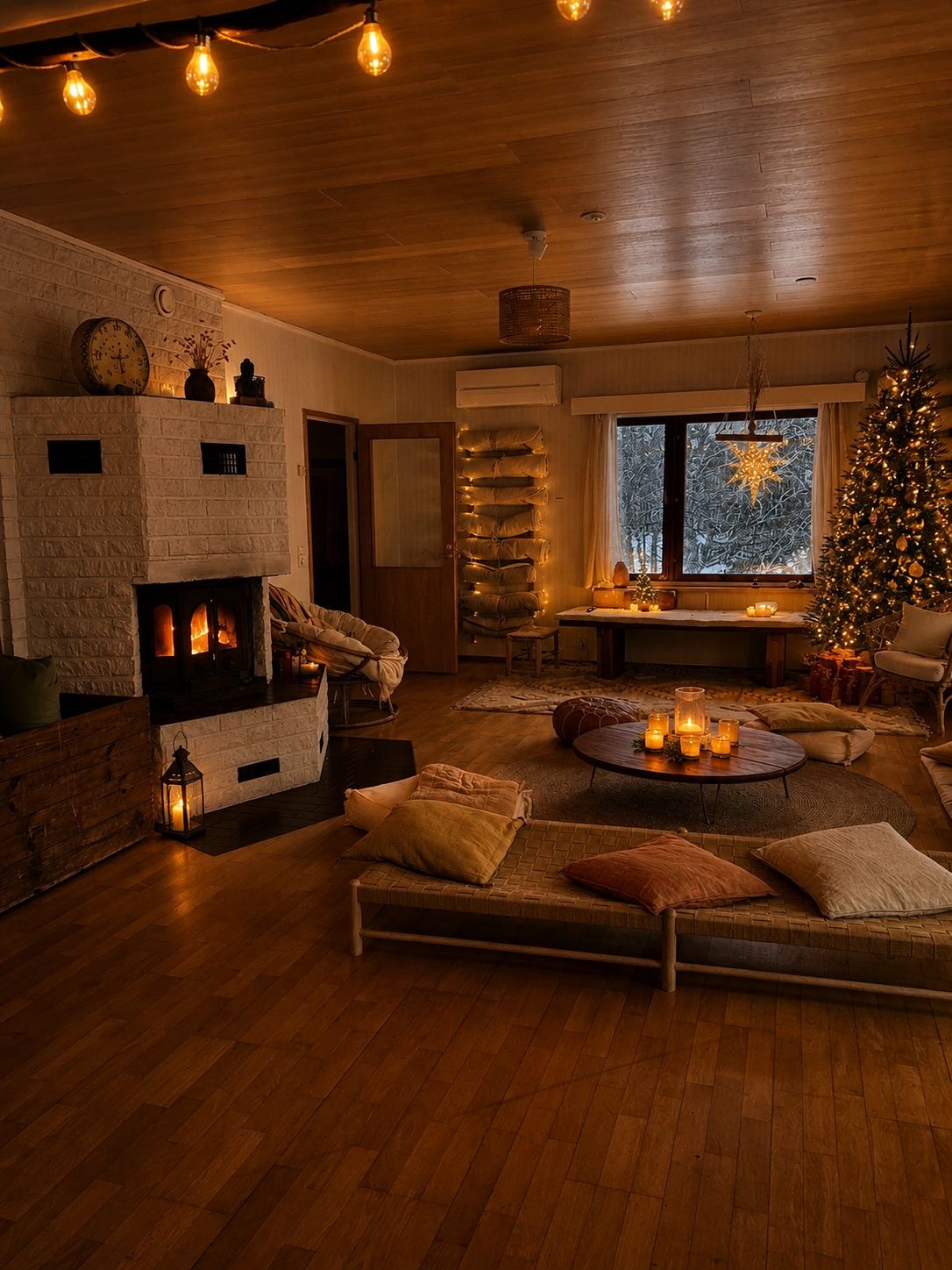Villa Saga living room with the fire lit, a decorated tree and candles on the low table