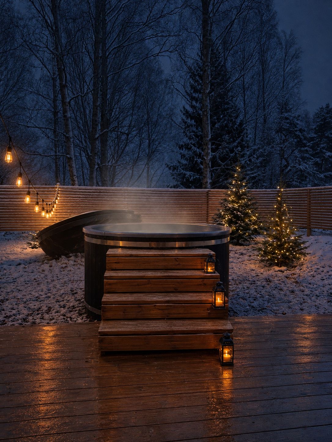 A wood-fired hot tub steaming on a snowy terrace, lanterns and lit spruces around it at dusk